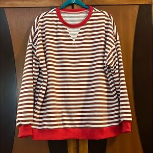 NWOT Copper Brown & White Stripe French Terry Sweatshirt w/Red Ribbed Banding
